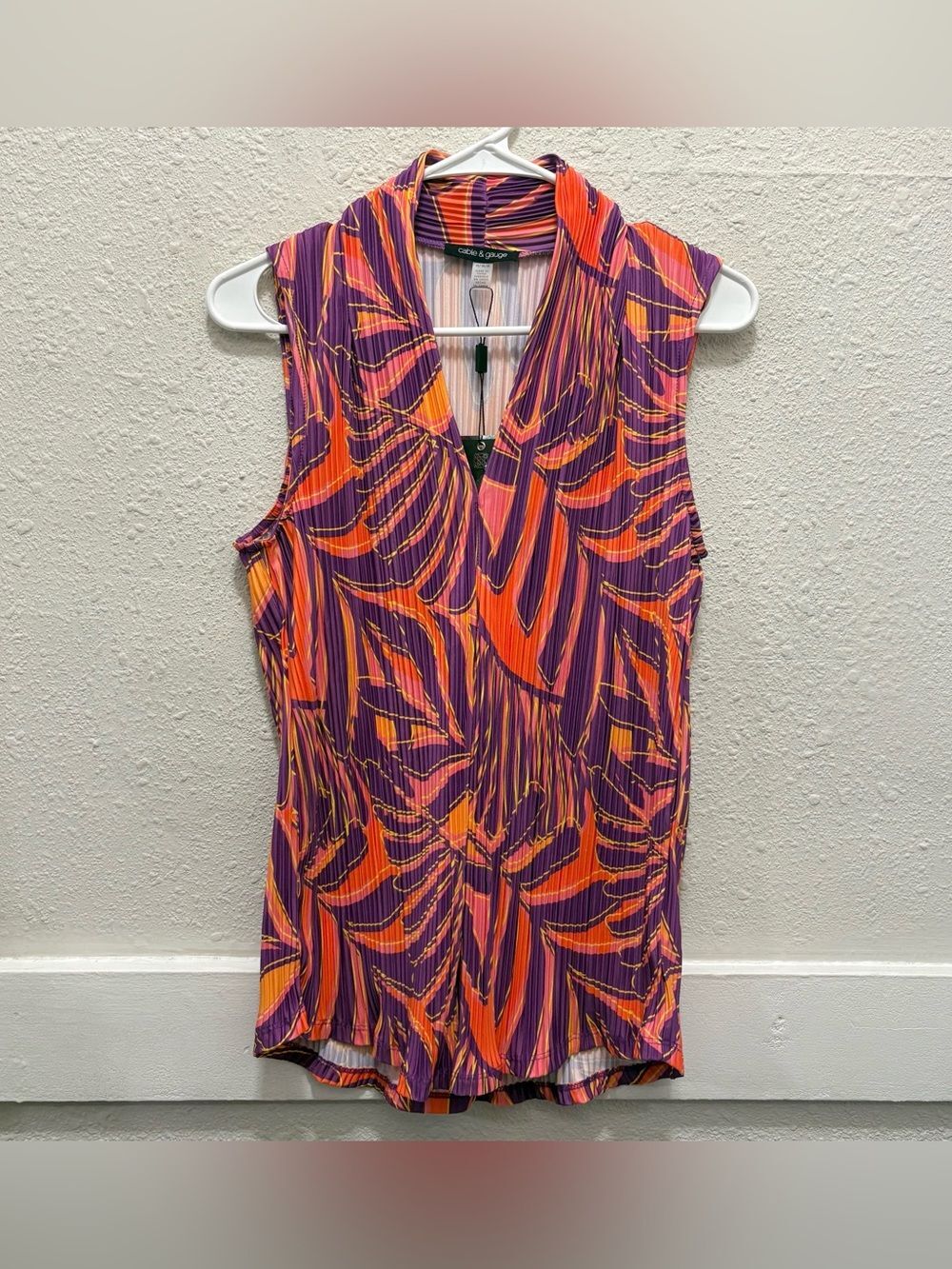Cable & Gauge Purple & Orange Pleated V-Neck Tank Top NWT M
